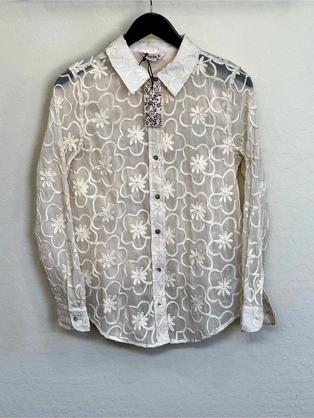 Nanette Lepore Sheer Flower Button-Up Shirt Blouse Ivory White Size S NWT